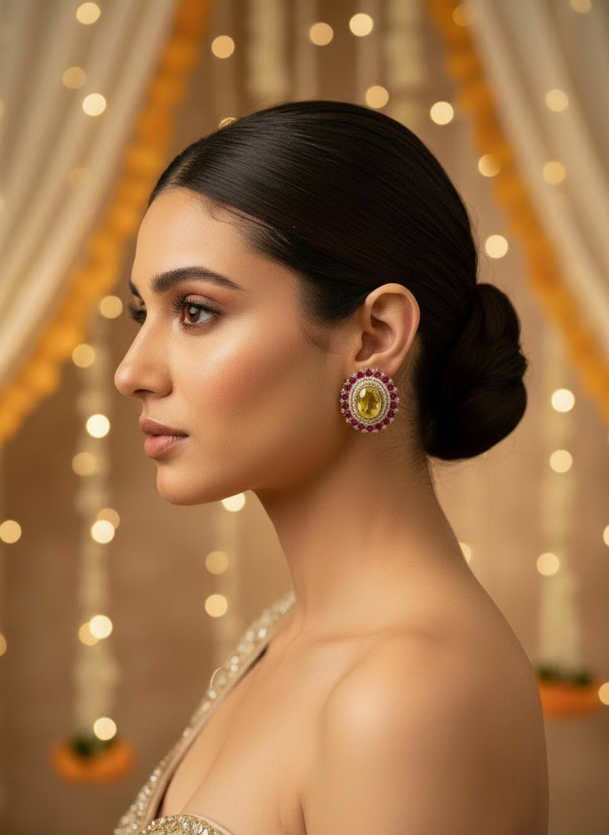 Kundan Yellow Doublet Stone Stud Earring