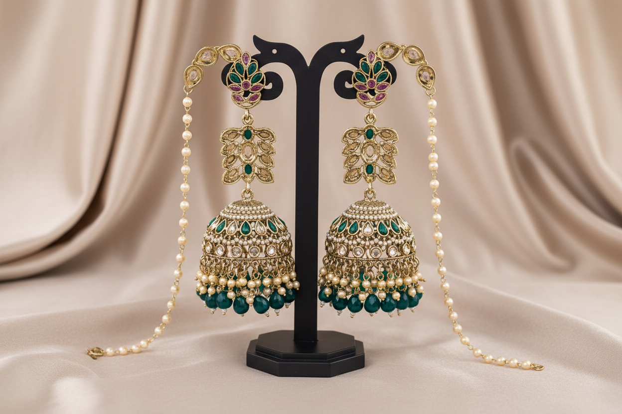 The Zoya Teal Blue & Pearl Kaan-Chain Jhumkas