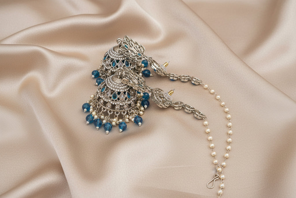 The Zoya Teal Blue & Pearl Kaan-Chain Jhumkas